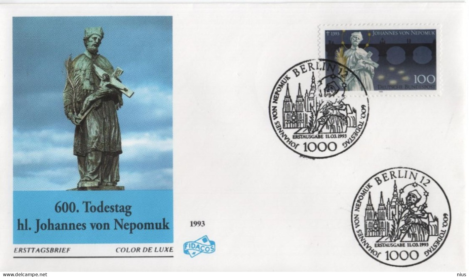 Germany Deutschland 1993 FDC 600. Todestag Von Hl. Johannes Von Nepomuk, Saint Of Bohemia (Czech Republic), Berlin - 1991-2000