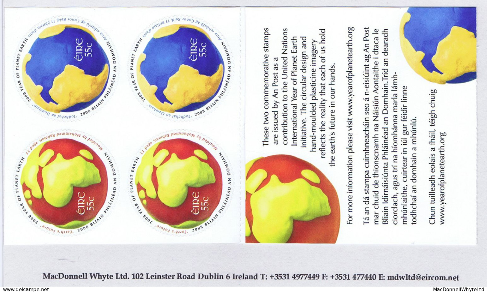 Ireland 2008 Year Of The Planet €5.50 Booklet With 55c X5 Plus 55c X5 Self-adhesive Se-tenant Complete Mint - Carnets