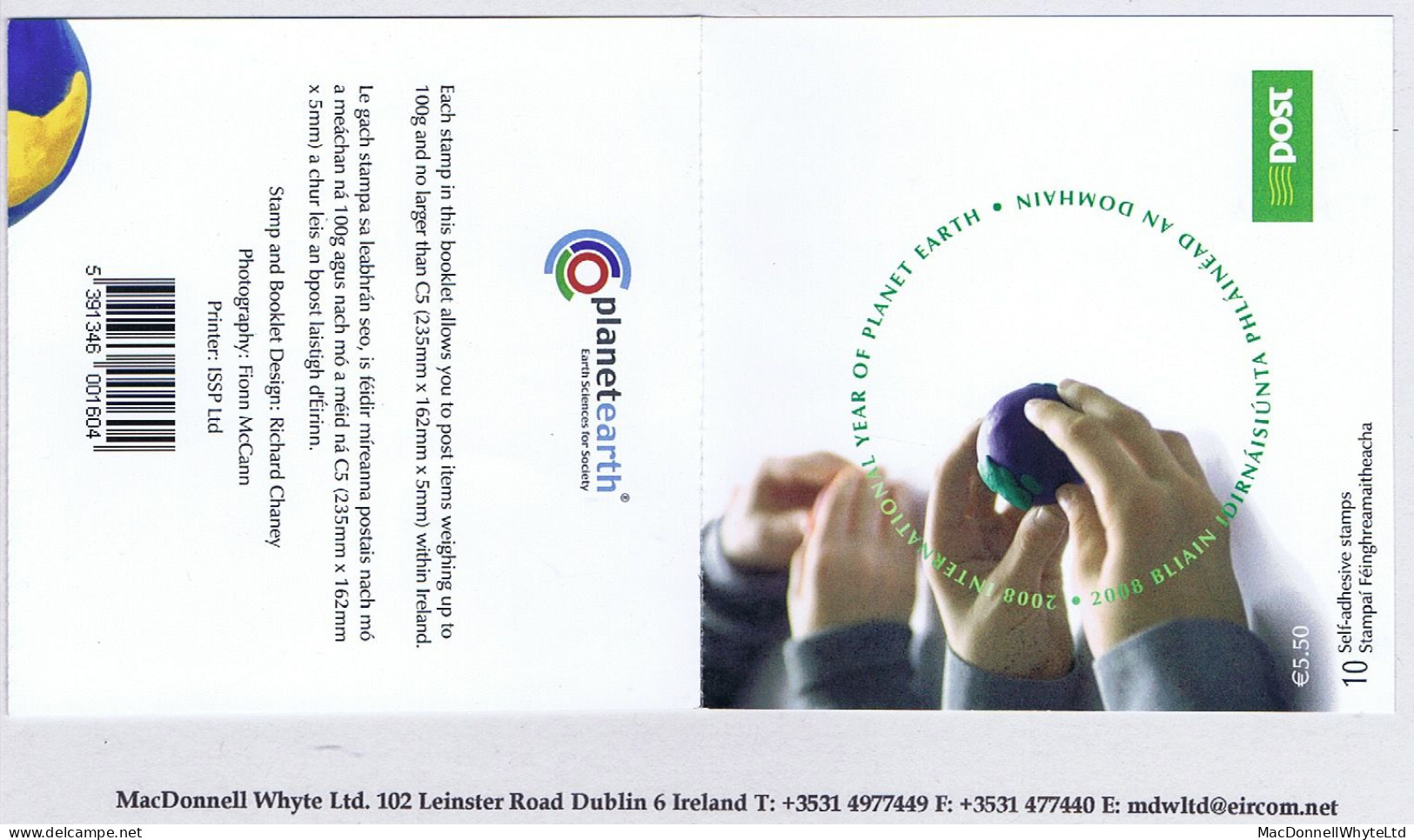 Ireland 2008 Year Of The Planet €5.50 Booklet With 55c X5 Plus 55c X5 Self-adhesive Se-tenant Complete Mint - Carnets