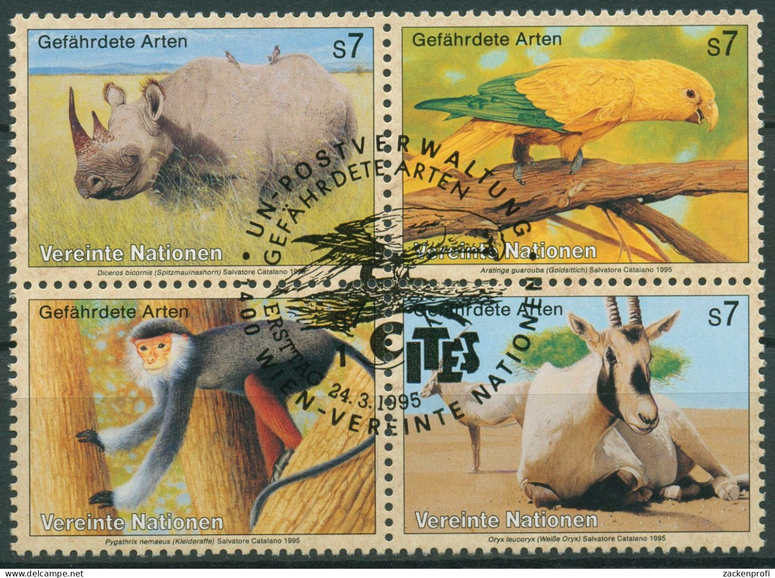 UNO Wien 1995 Gefährdete Tiere Nashorn Sittich Affe Oryx 180/83 ZD Gestempelt - Usati