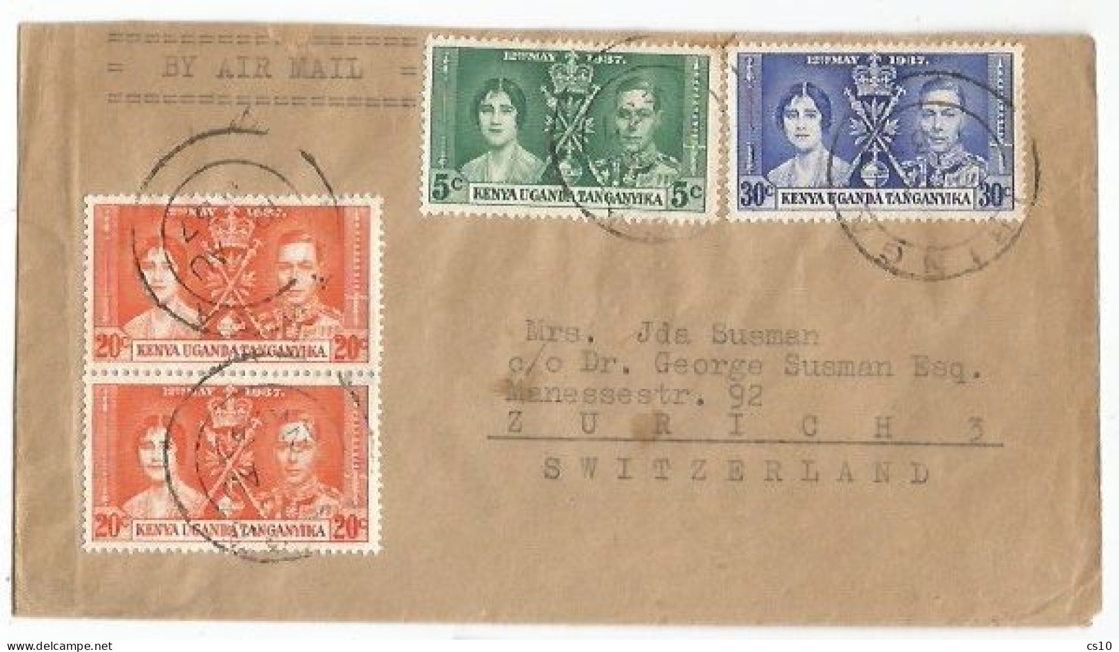 KUT East Africa Coronation 1937 C5+c30+c20pair Rate C.75 Small AirmailCV Jringa 12aug37 To Suisse - Kenya, Oeganda & Tanzania