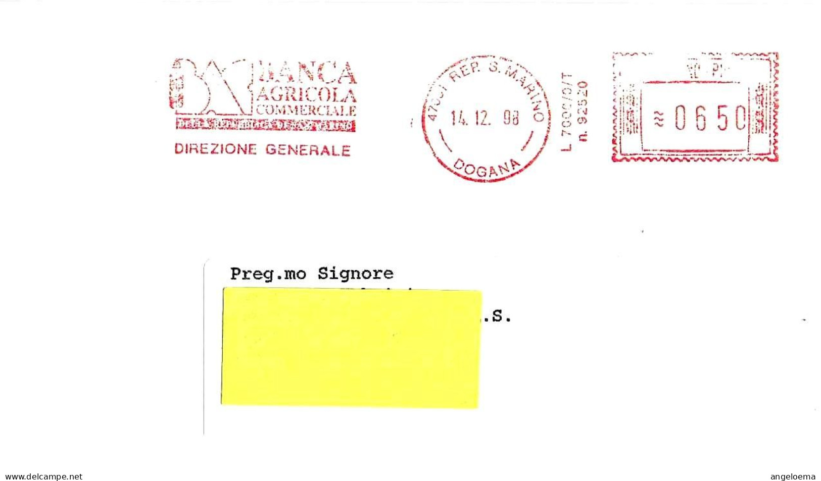 SAN MARINO - 1998 BANCA AGRICOLA COMMERCIALE Su Busta Viaggiata - Ema Affrancatura Meccanica Rossa Red Meter - 4070 - Storia Postale