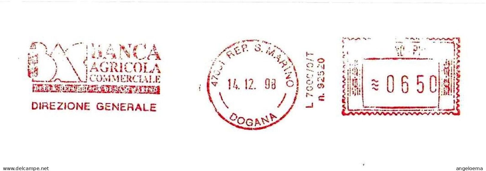 SAN MARINO - 1998 BANCA AGRICOLA COMMERCIALE Su Busta Viaggiata - Ema Affrancatura Meccanica Rossa Red Meter - 4070 - Covers & Documents