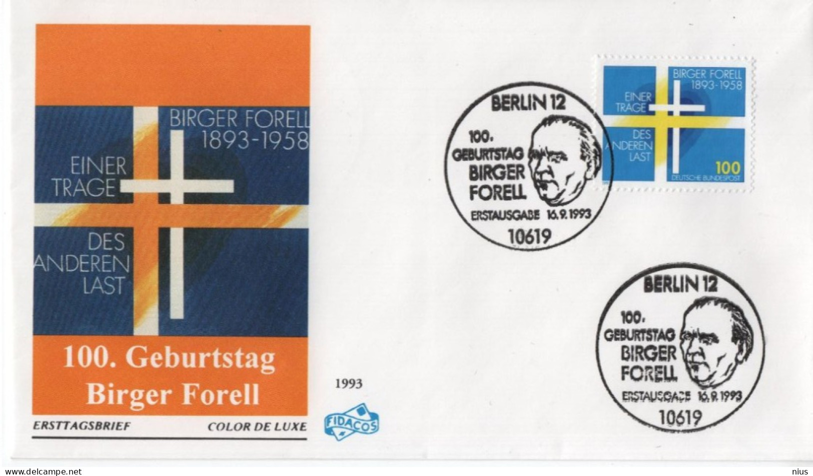 Germany Deutschland 1993 FDC Birger Forell, Priest Swedish Protestant Pastor, Sweden, Canceled In Berlin - 1991-2000