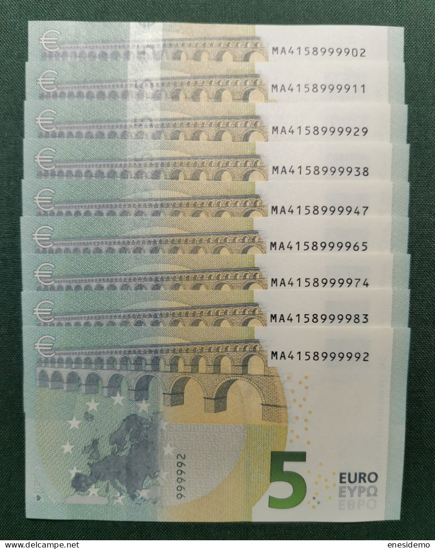 5 EURO PORTUGAL 2013 DRAGHI M006B1 MA NICE NUMBER FOUR CONSECUTIVE NINES SC FDS UNC. PERFECT