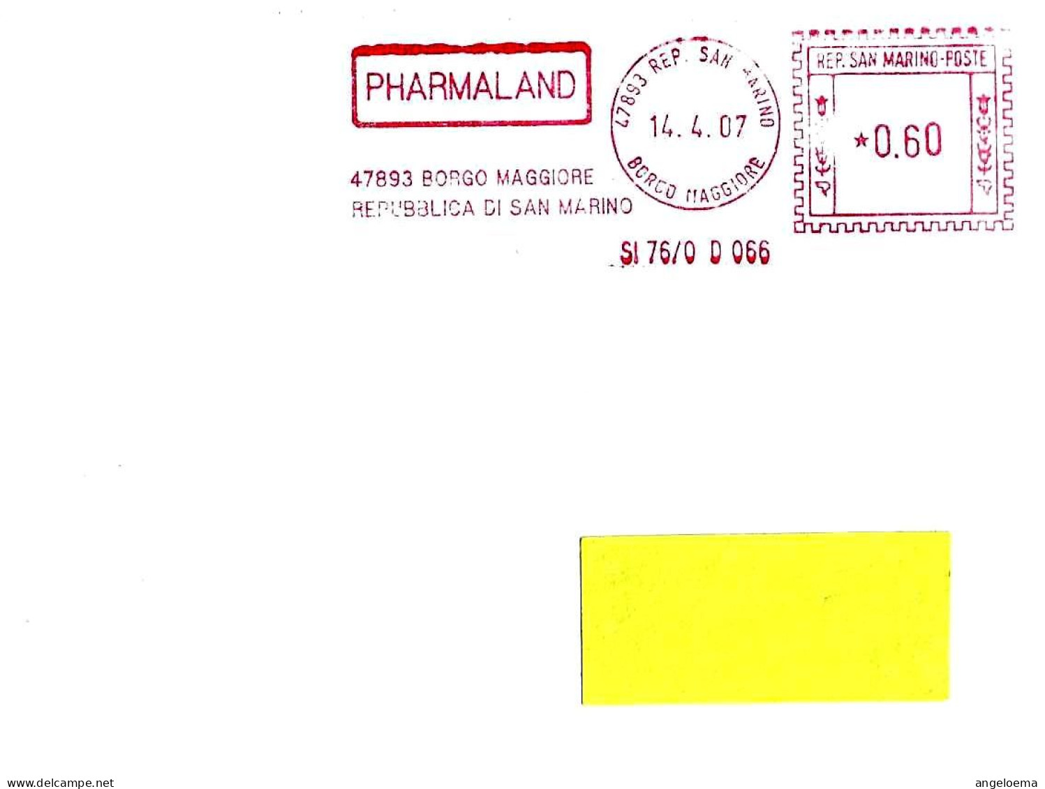 SAN MARINO - 2007 PHARMALAND IND. FARMACEUTICA - Ema Affrancatura Mecc. Rossa Red Meter Su Busta Viaggiata - 1912 - Farmacia