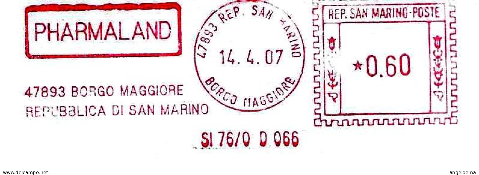 SAN MARINO - 2007 PHARMALAND IND. FARMACEUTICA - Ema Affrancatura Mecc. Rossa Red Meter Su Busta Viaggiata - 1912 - Pharmazie