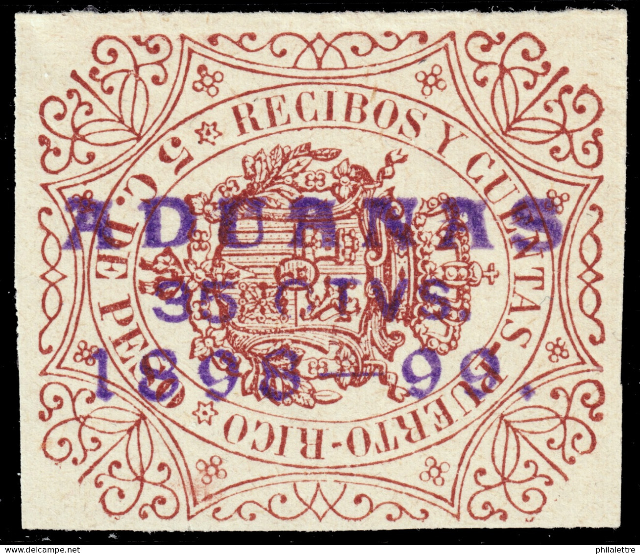 ESPAGNE / ESPANA - COLONIAS (Puerto-Rico) 1898 "ADUANAS / 35 CTVS. / 1898-99" En Sello Para RECIBOS 5c Castaño Rojizo ** - Puerto Rico