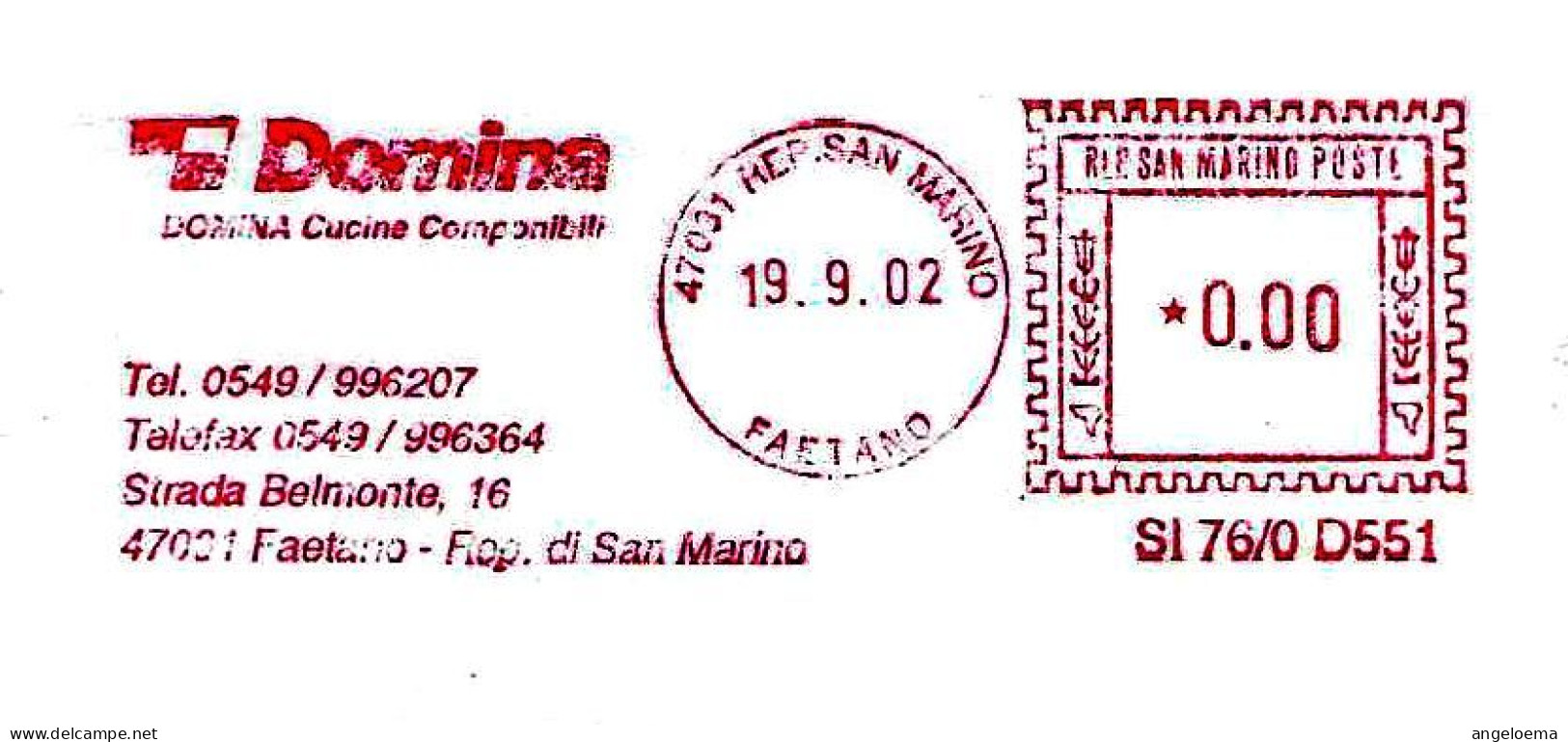 SAN MARINO - 2002 DOMINA CUCINE COMPONIBILI - Ema Affrancatura Meccanica Rossa Red Meter Su Busta Non Viaggiata - 1952 - Covers & Documents