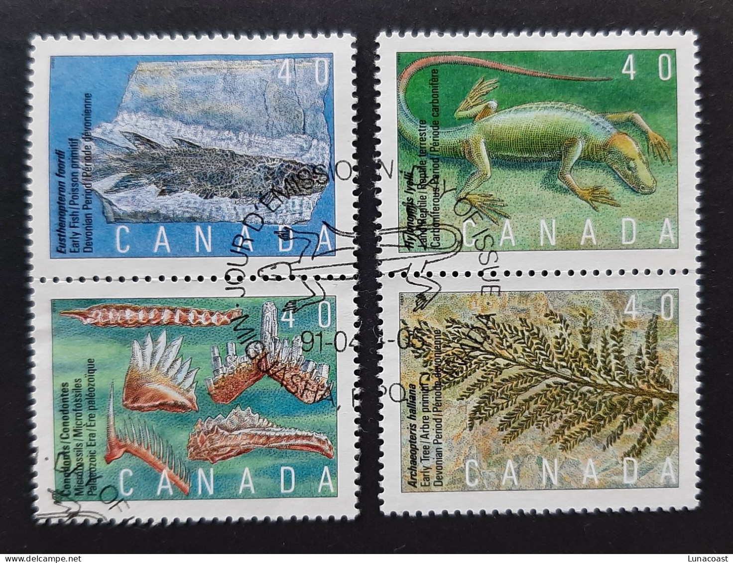 Canada 1991  USED  Sc1306 -1309,    4 X 40c Prehistoric Life - 2 - Oblitérés