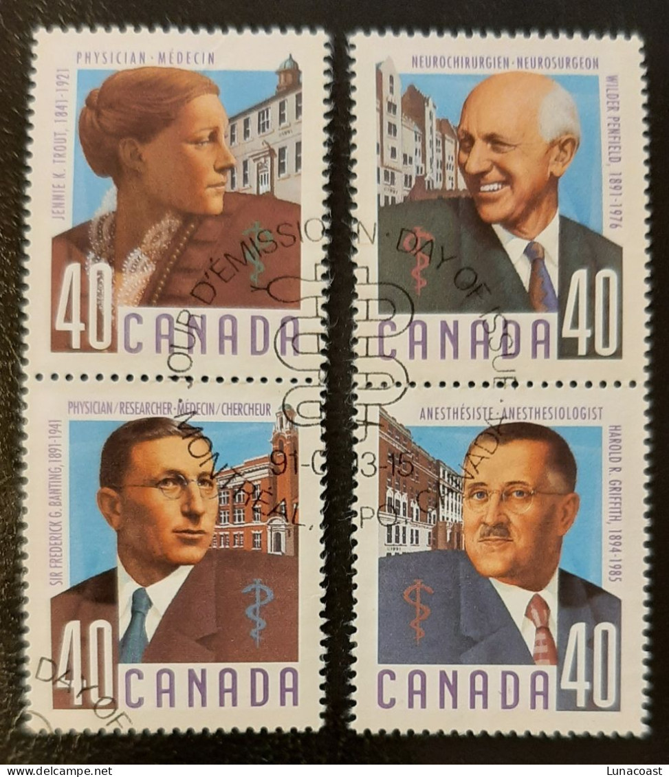 Canada 1991  USED  Sc1302 -1305,    4 X 40c Canadian Doctors - Oblitérés