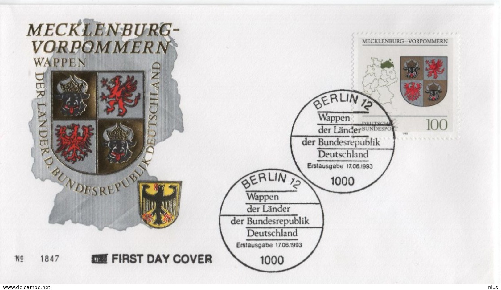 Germany Deutschland 1993 FDC Wappen Und Lander, Mecklenburg-Vorpommern, Canceled In Berlin - 1991-2000