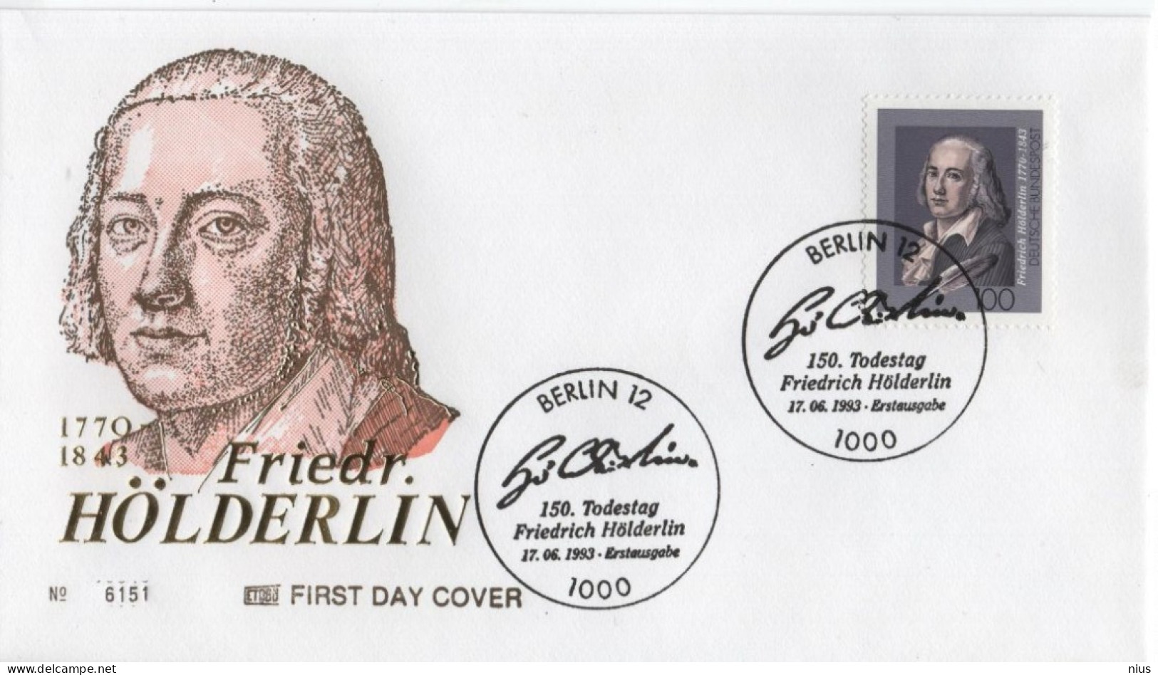 Germany Deutschland 1993 FDC Friederich Holderlin, German Poet And Philosopher, Canceled In Berlin - 1991-2000