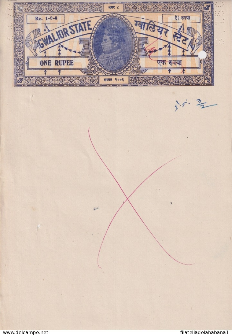 F-EX15133 INDIA FEUDATARY STATE GWALIOR REVENUE SEALLED PAPER, ALL DIFFERENT.  - Sonstige & Ohne Zuordnung