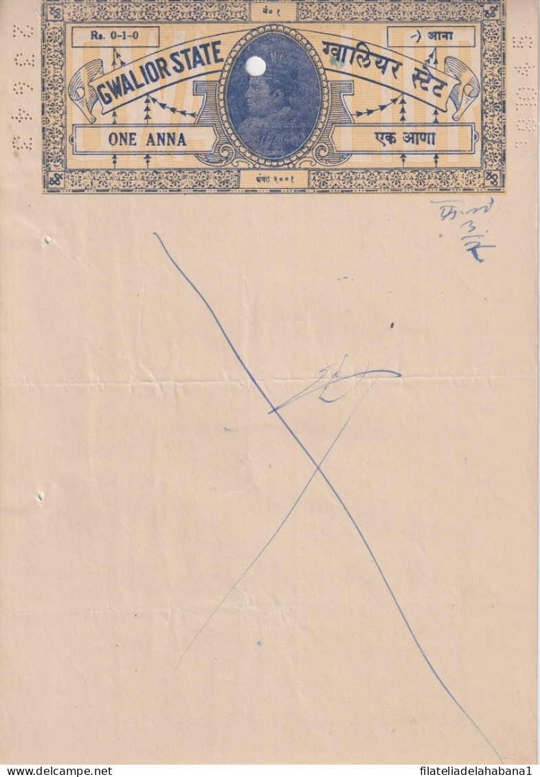 F-EX15133 INDIA FEUDATARY STATE GWALIOR REVENUE SEALLED PAPER, ALL DIFFERENT. 