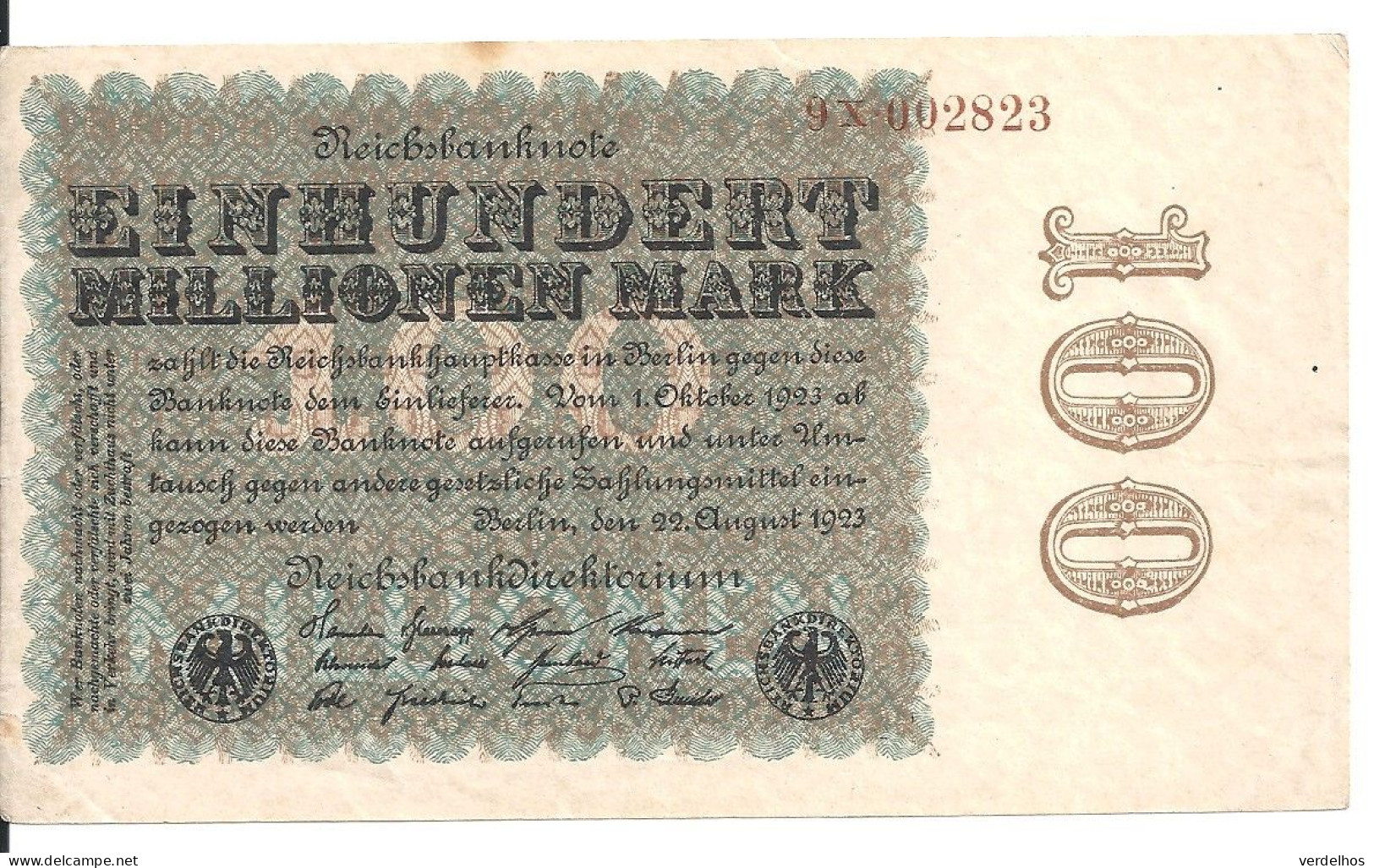 ALLEMAGNE 100 MO MARK 1923 XF+ P 107 - 100 Mio. Mark