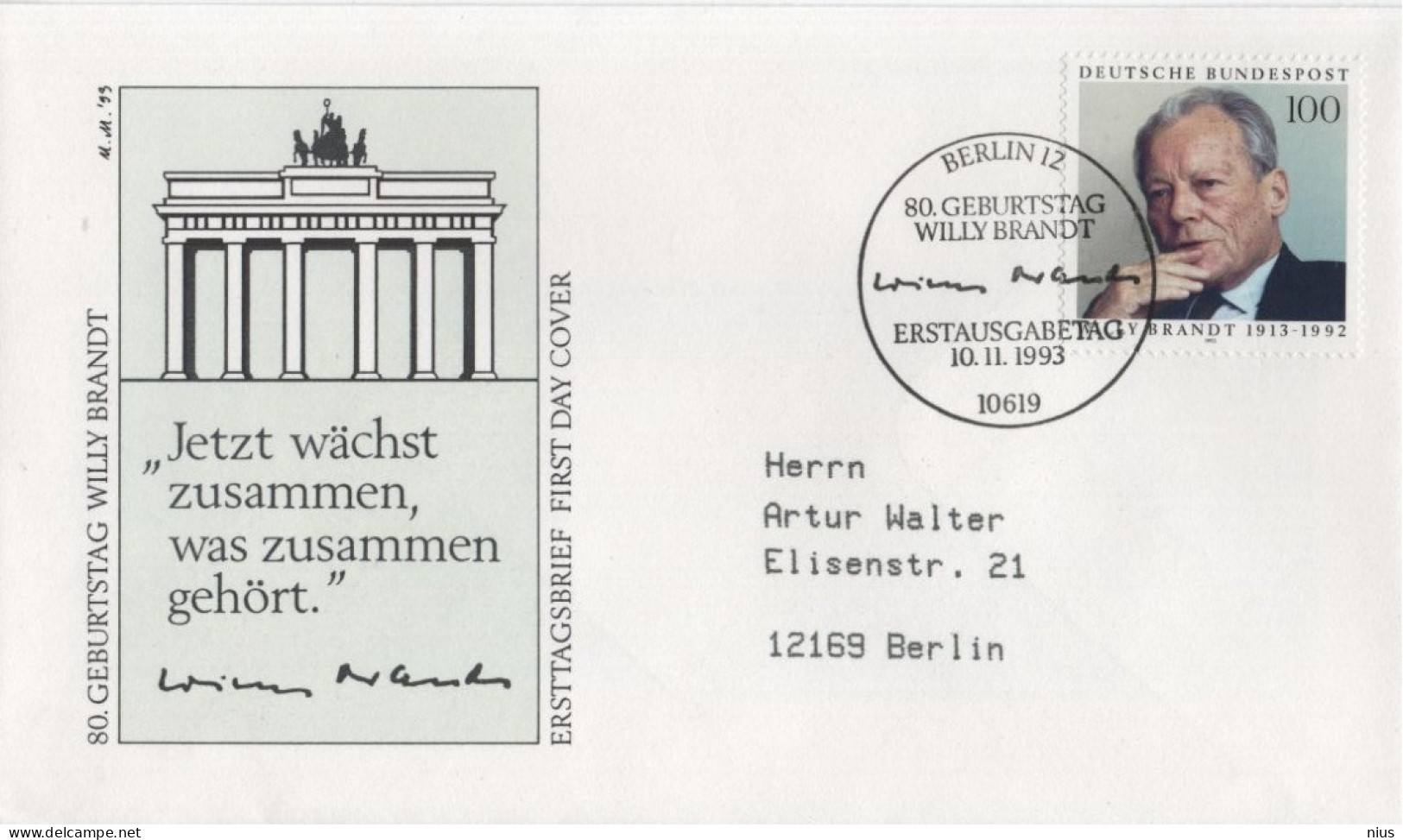 Germany Deutschland 1993 FDC Willy Brandt, German Politician And Statesman, Canceled In Berlin - 1991-2000