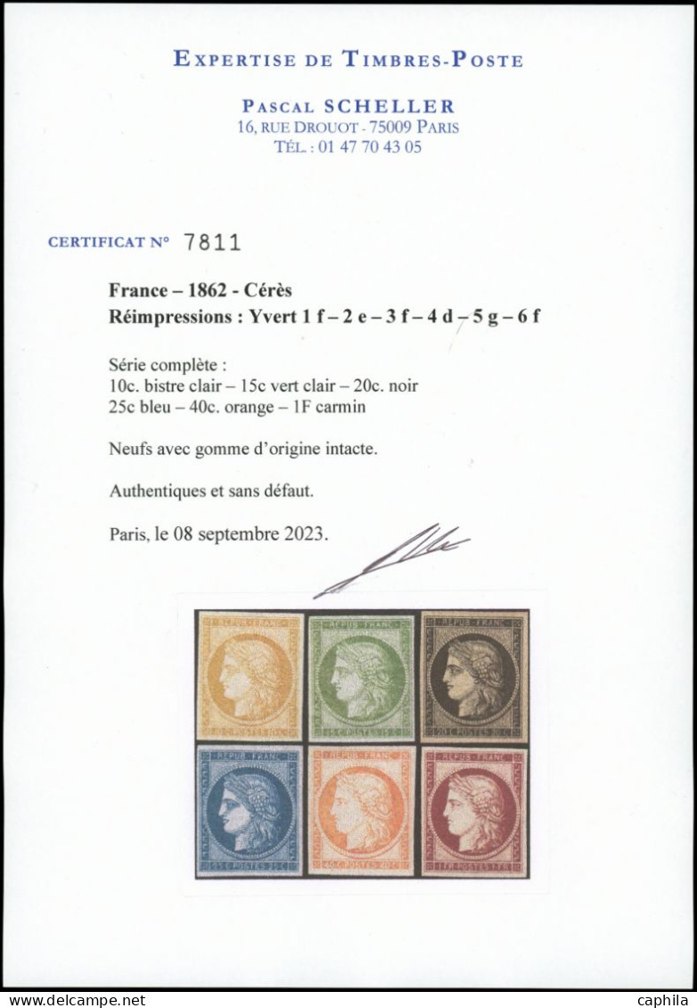 ** FRANCE - Poste - 1f/6f, Réimpression De 1862, Certificat Scheller, Luxe - 1849-1850 Ceres