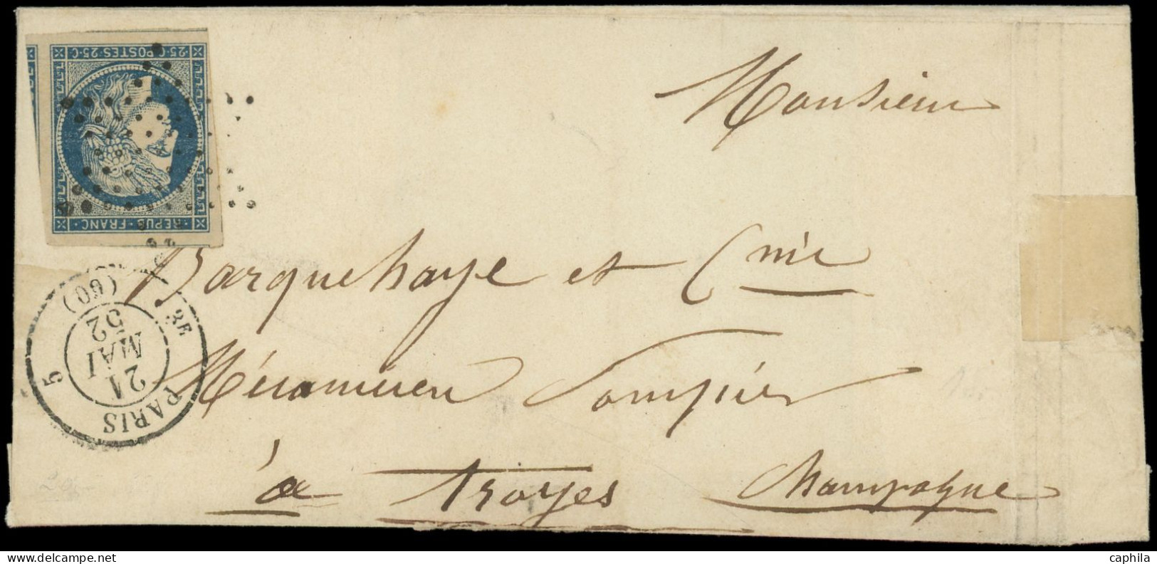 LET FRANCE - Poste - 4, Grandes Marges (4 Amorces De Voisins), Obl étoile Sur Lettre Cad Paris 21/5/52: 25c. Bleu - 1849-1876: Période Classique