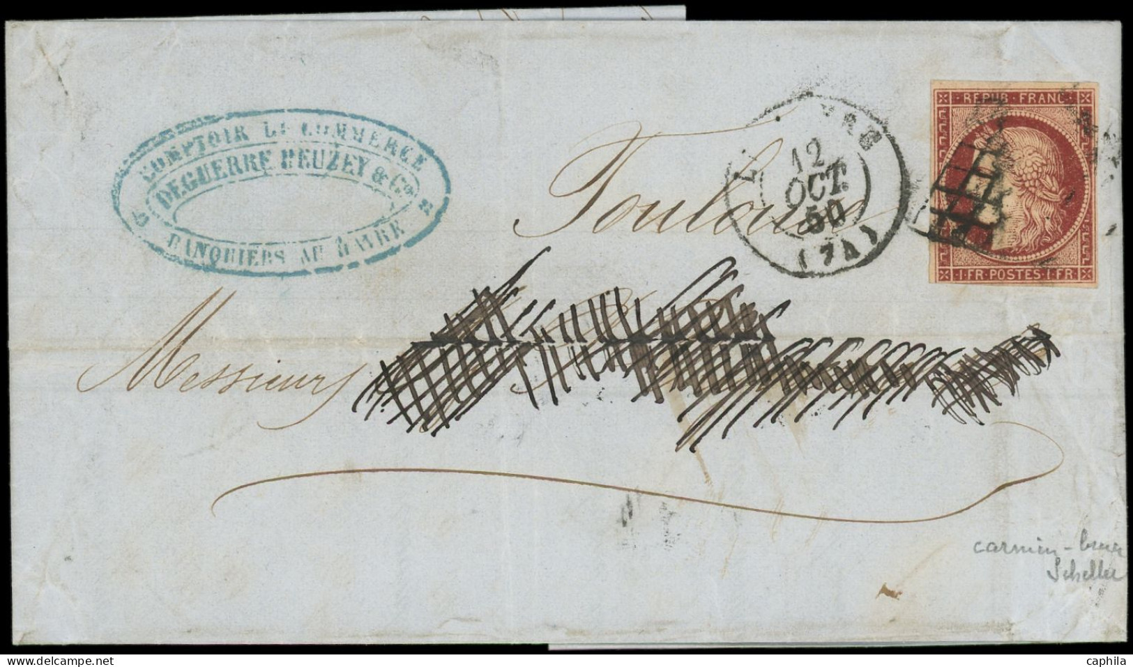 LET FRANCE - Poste - 6B, Sur Lettre Du 12/10/50 (marge Touchée En Bas), Signé Scheller: 1f. Carmin-brun - 1849-1876: Periodo Clásico