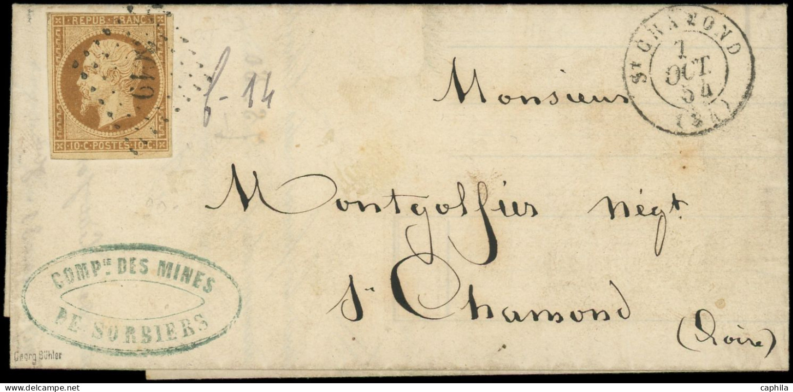 LET FRANCE - Poste - 9, Obl PC 3019 Sur Lettre, Cad T15 St Chamond 7/10/54, Signé Buhler (touché En Haut): 10c. Bistre-j - 1849-1876: Période Classique