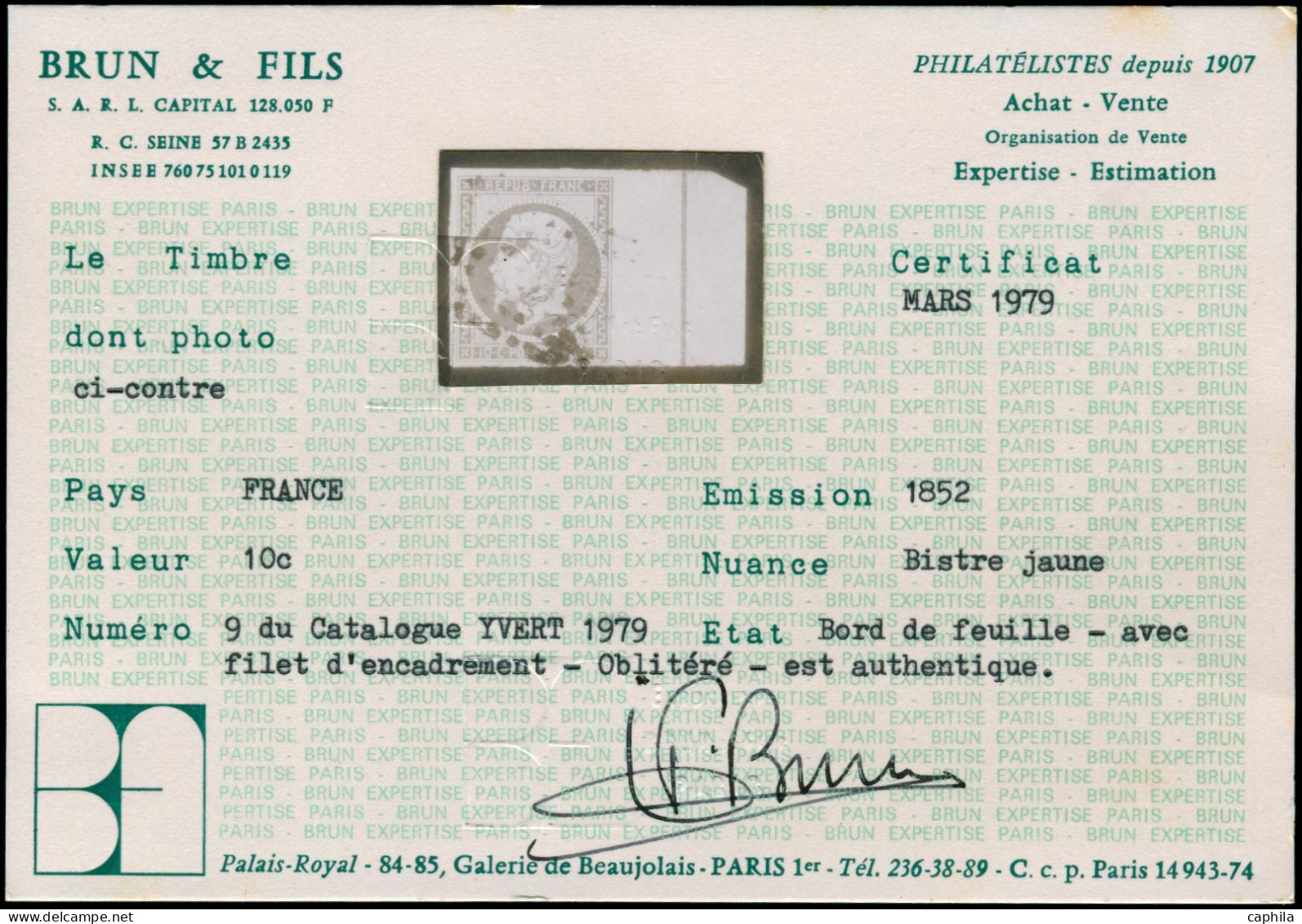 O FRANCE - Poste - 9b, Avec Filet D'encadrement, Signé + Certificat Brun, Superbe: 10c. Bistre-jaune - 1852 Luis-Napoléon