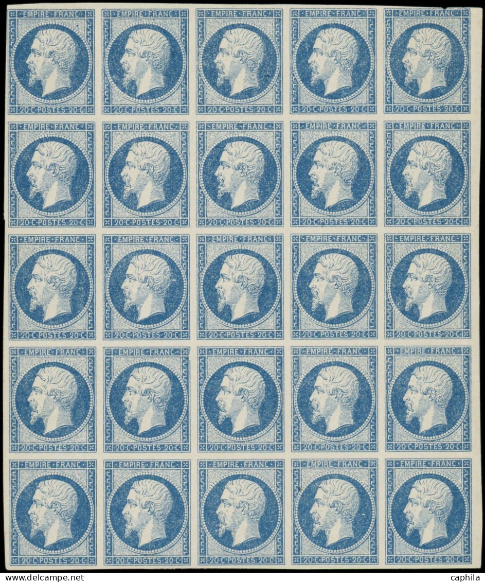 ESS FRANCE - Poste - 14A, Type I, Essai En Bleu, Impression Défectueuse, Bloc De 25 Dont 5 Ex Défectueux: 20c. Empire - 1853-1860 Napoléon III