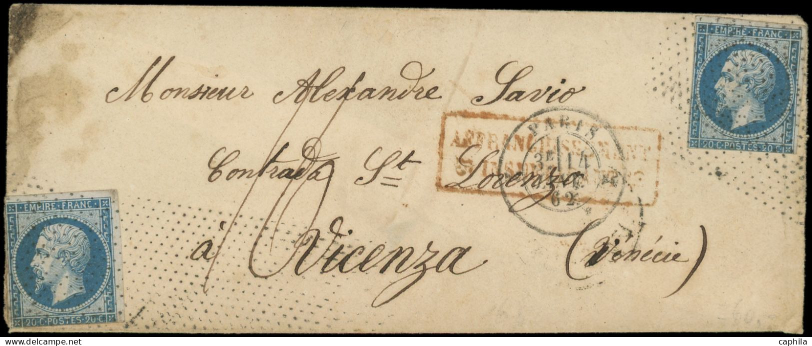 LET FRANCE - Poste - 14B, 2 Ex Touchés, Obl Roulette De Pointillés Sur Env., Cad Paris 14/1/62, Taxe 16 à La Plume, Arri - 1849-1876: Classic Period