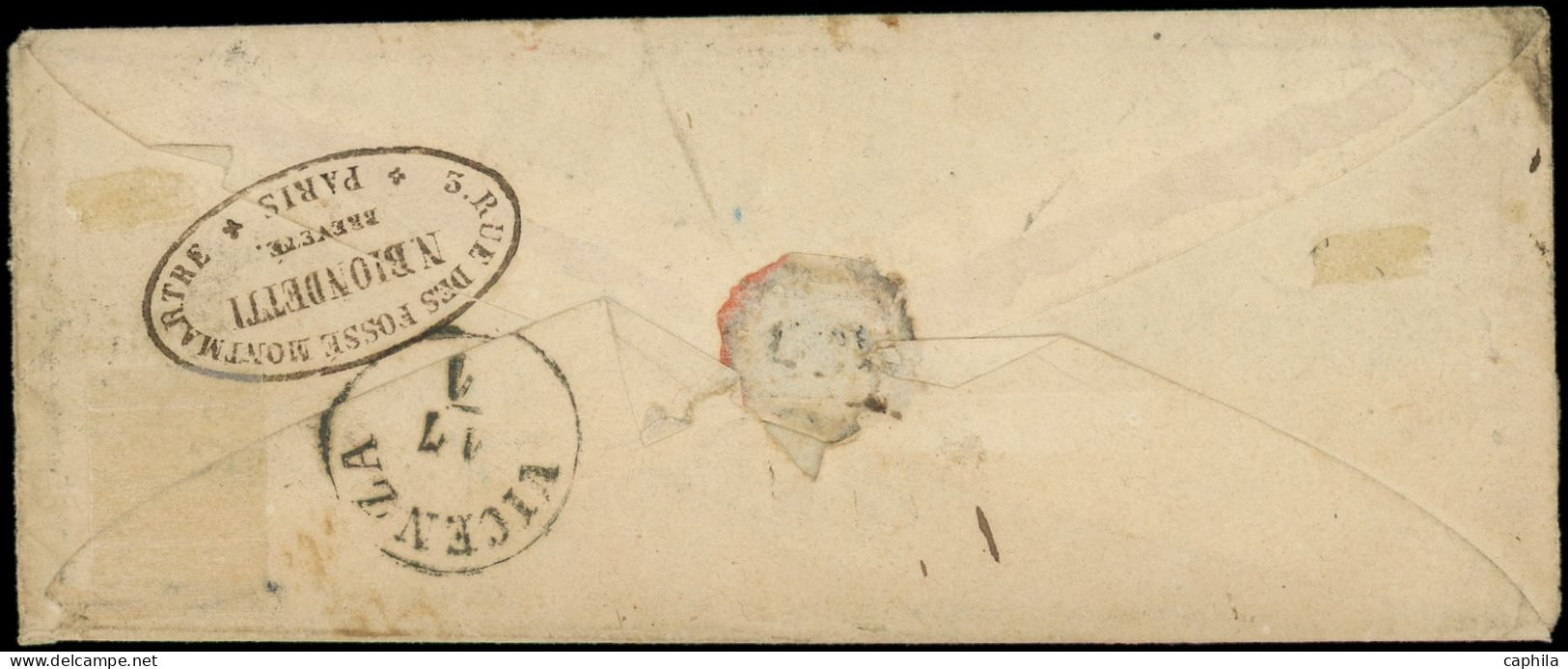 LET FRANCE - Poste - 14B, 2 Ex Touchés, Obl Roulette De Pointillés Sur Env., Cad Paris 14/1/62, Taxe 16 à La Plume, Arri - 1849-1876: Klassik