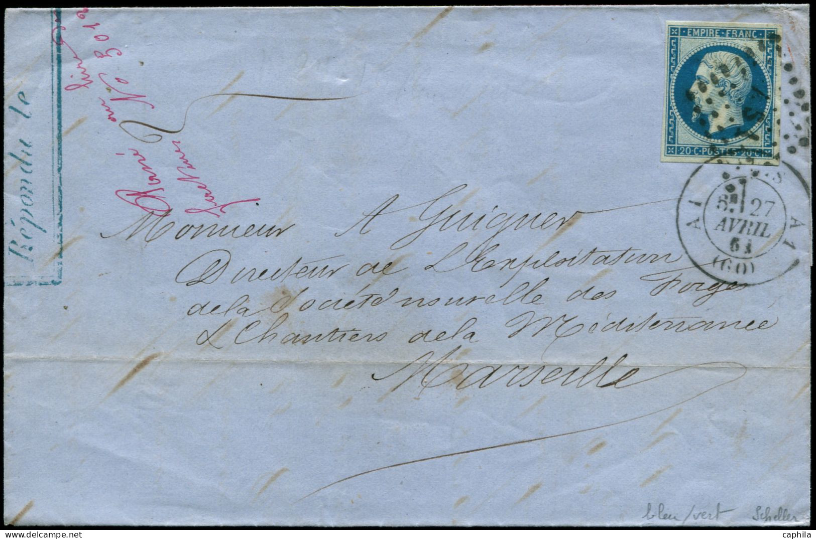 LET FRANCE - Poste - 14Ba, Sur Lettre Oblitérée "A5 ", Signée Scheller, TB: 20c. Bleu S. Vert - 1849-1876: Période Classique