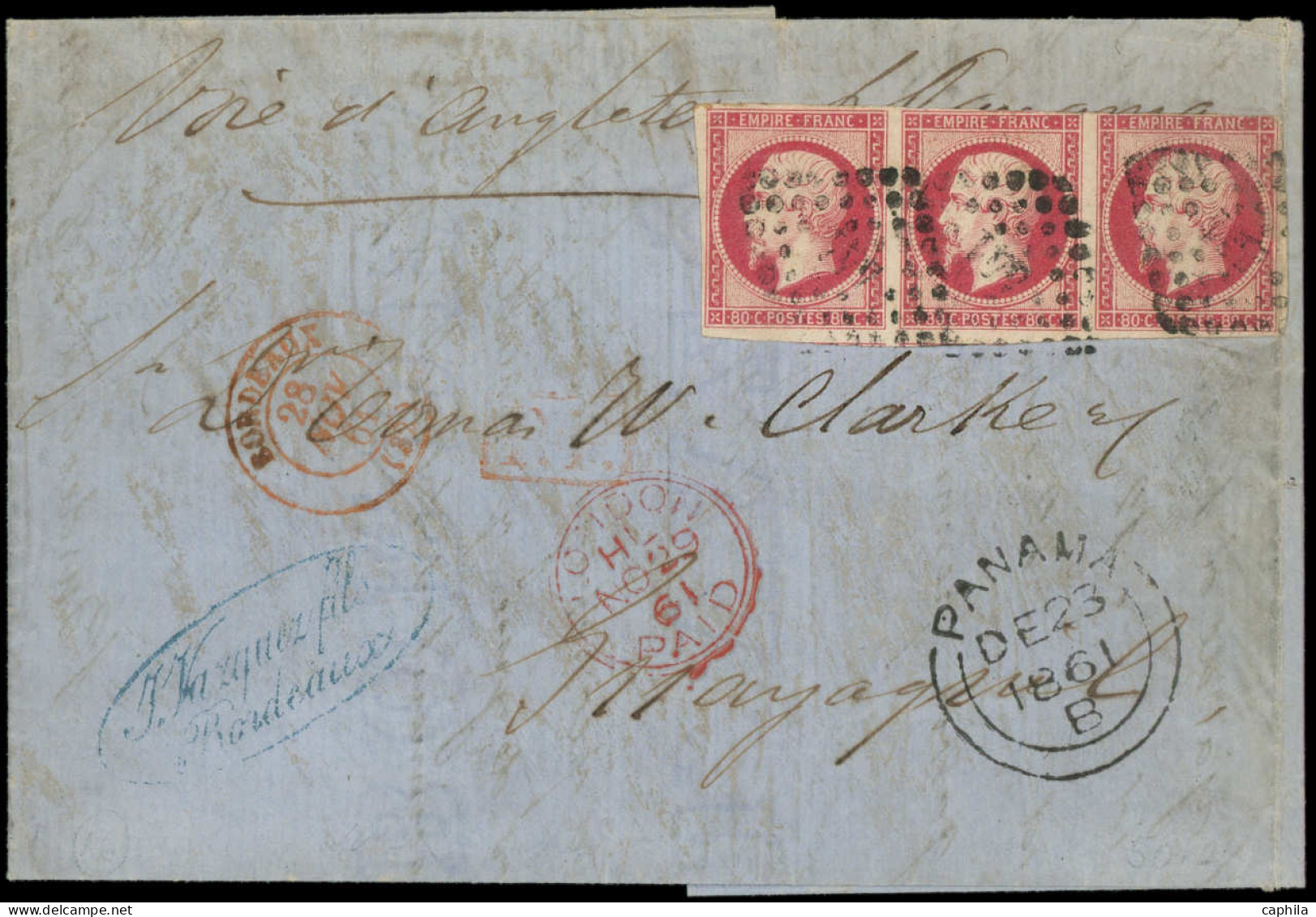 LET FRANCE - Poste - 17B, Bande De 3 (2ex Défectueux), Obl PC 441 Sur Lettre, Cad Rouge T15 Bordeaux 28/11/81 Pour Guyaq - 1849-1876: Periodo Clásico