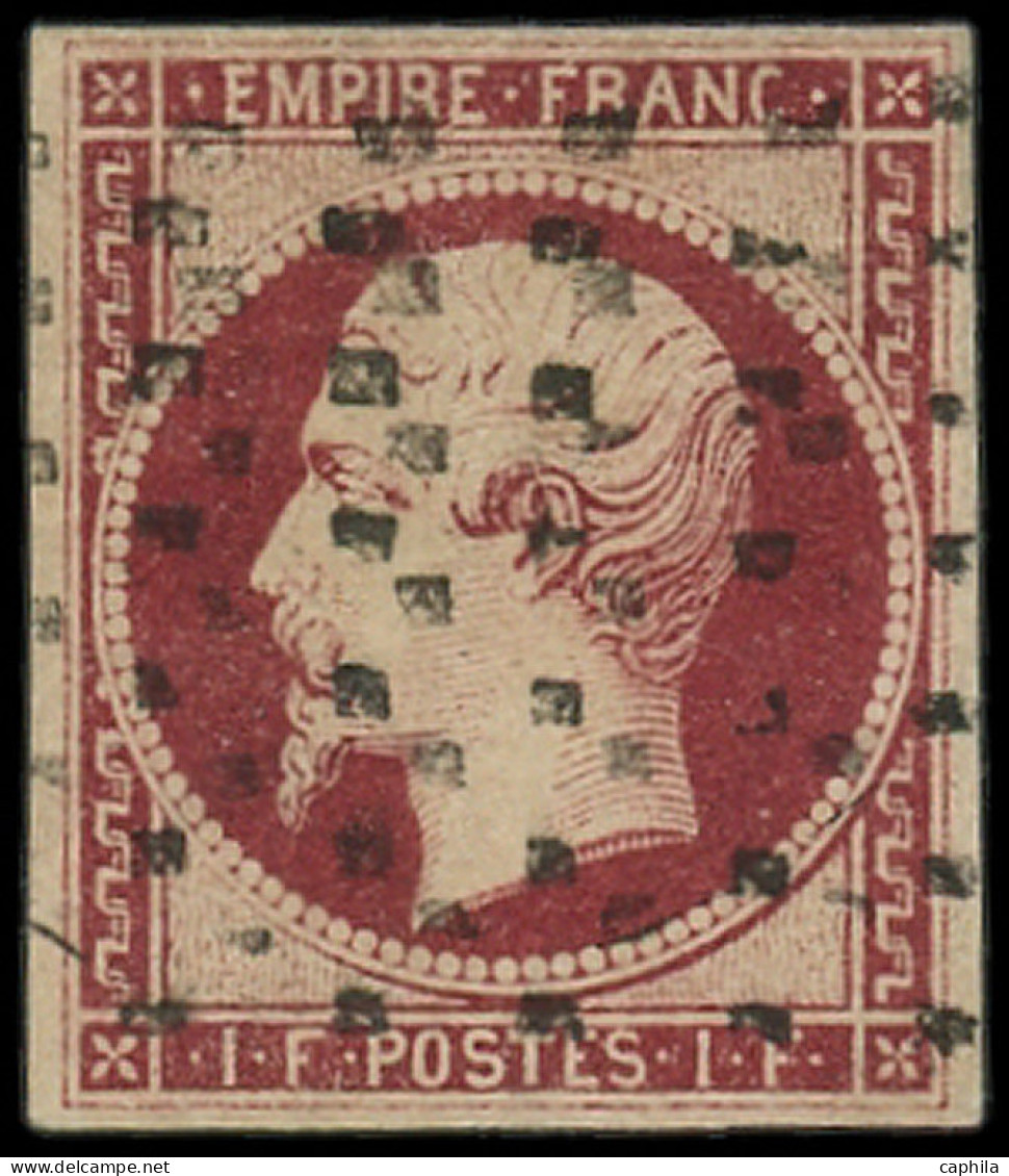 O FRANCE - Poste - 18, Obl. Gros Points Carrés, Signé Brun + Certificat Roumet, Belles Marges: 1f. Carmin - 1853-1860 Napoleon III