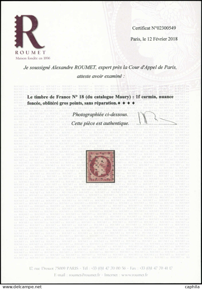 O FRANCE - Poste - 18, Obl. Gros Points Carrés, Signé Brun + Certificat Roumet, Belles Marges: 1f. Carmin - 1853-1860 Napoleon III