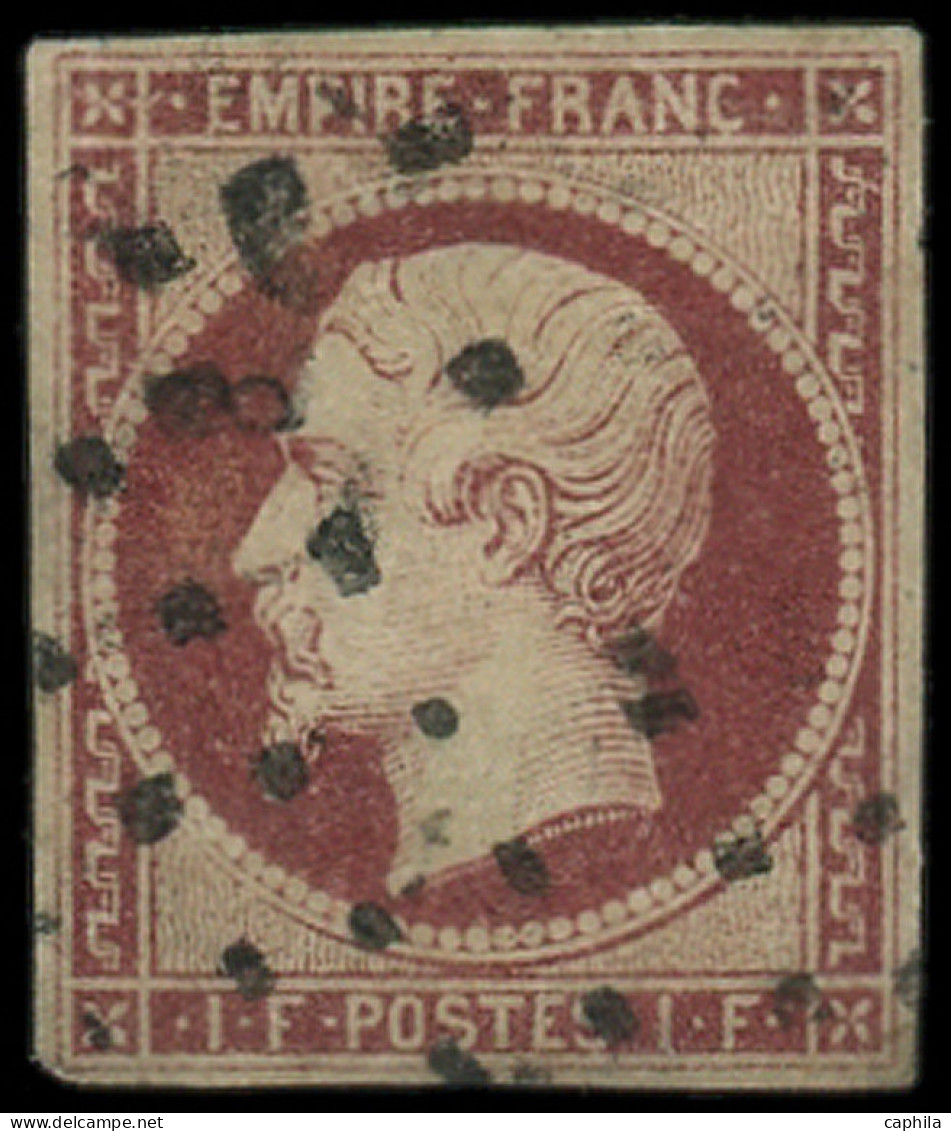 O FRANCE - Poste - 18a, Oblitéré Gros Points, Signé Brun Et Calves: 1f. Carmin Foncé - 1853-1860 Napoléon III