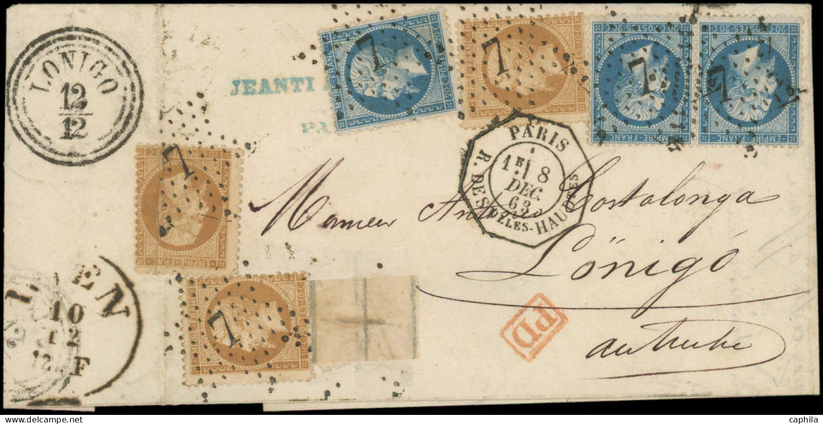 LET FRANCE - Poste - 21, 3 Ex Dont 1, Pli D'archive + 22, 3 Ex, Tous Obl étoile 7 Sur Lettre Consolidée, Cad Oct. De Lev - 1849-1876: Classic Period