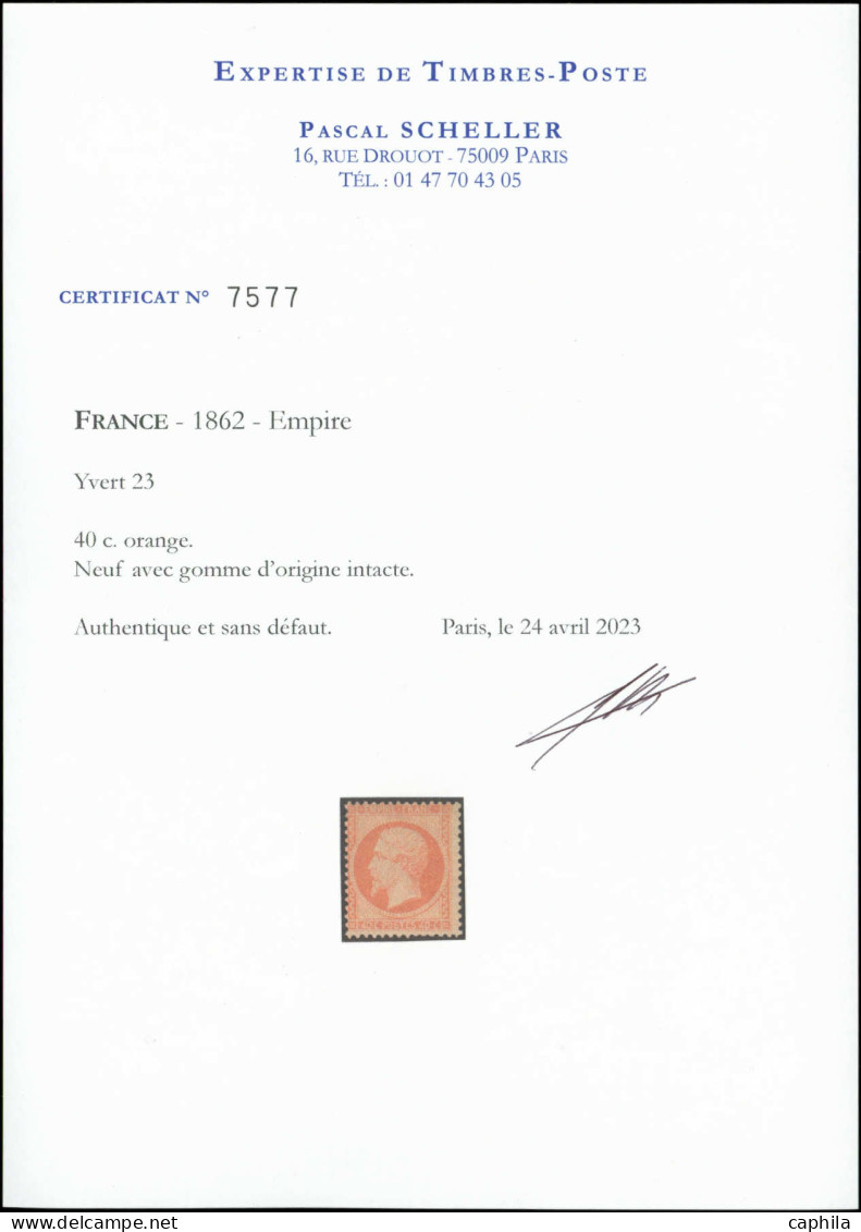 ** FRANCE - Poste - 23, Centrage Courant, Certificat Scheller, TB: 40c. Orange - 1862 Napoleon III