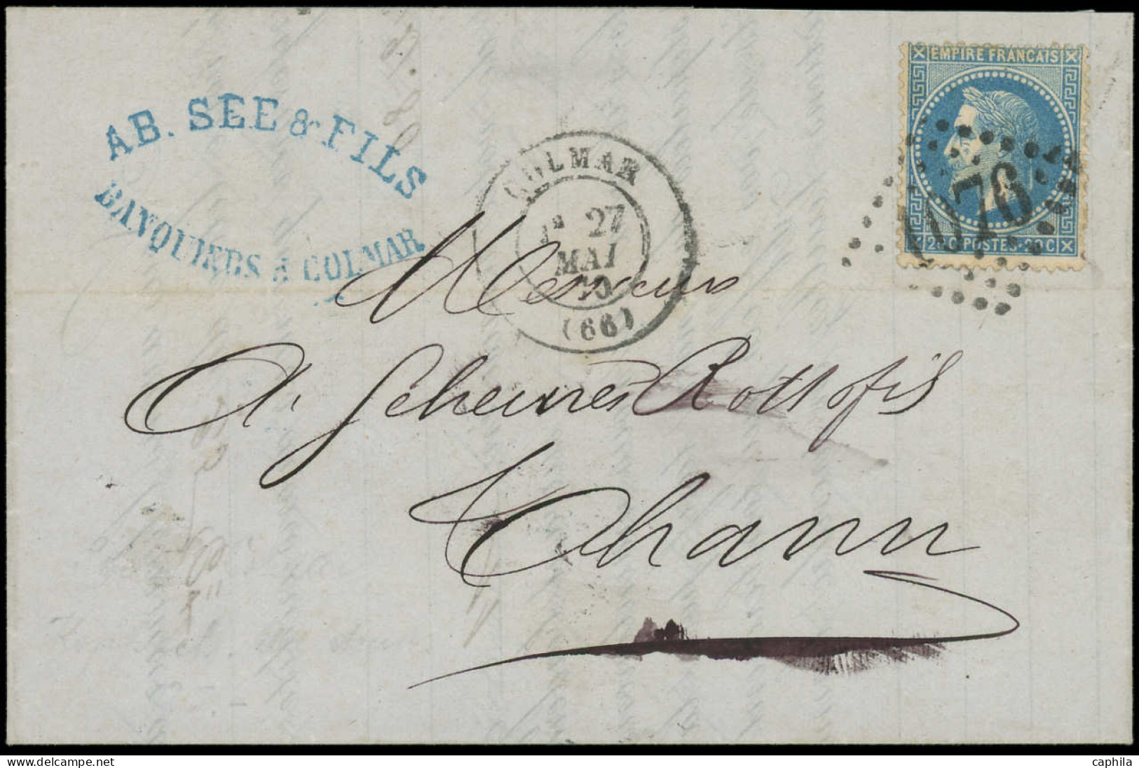 LET FRANCE - Poste - 29B, Type II, Pub "SEE & FILS", Au Verso Obl GC 1076, Sur Lettre Cad  T17 Colmar 27/5/70: 20c. Bleu - 1849-1876: Période Classique