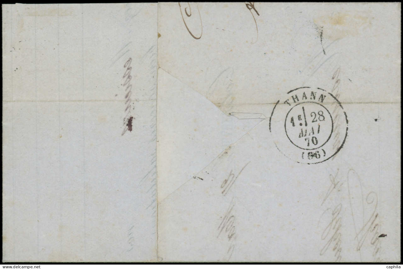 LET FRANCE - Poste - 29B, Type II, Pub "SEE & FILS", Au Verso Obl GC 1076, Sur Lettre Cad  T17 Colmar 27/5/70: 20c. Bleu - 1849-1876: Période Classique