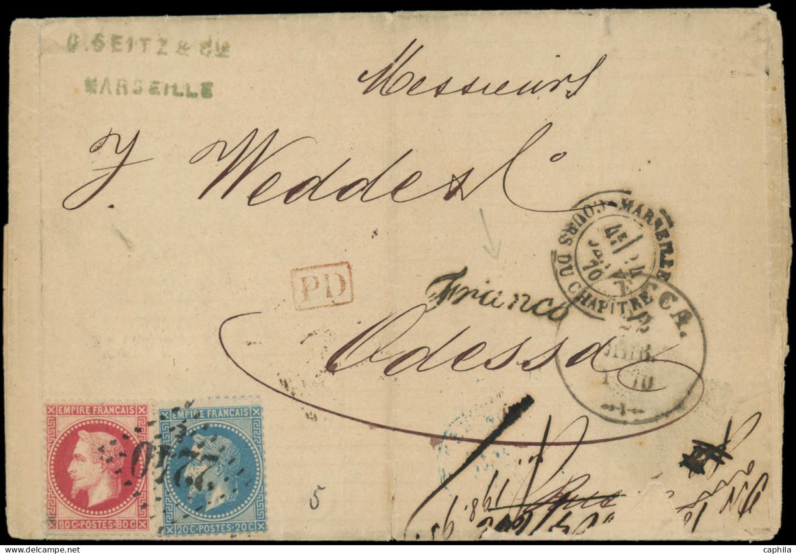 LET FRANCE - Poste - 29B, Type II + 32 Sur Lettre Obl GC 2240, Cad Marseille 24/1/70, Arrivée Odessa 22/1, (calendrier J - 1849-1876: Période Classique