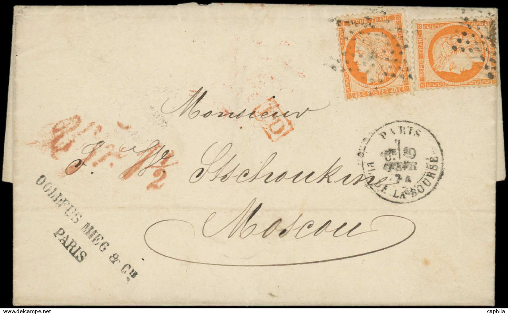 LET FRANCE - Poste - 38, 2 Ex Obl étoile 1 Sur Lettre, Cad Paris 9/2/74, Arrivé Moscou 2/2, TB - 1849-1876: Période Classique