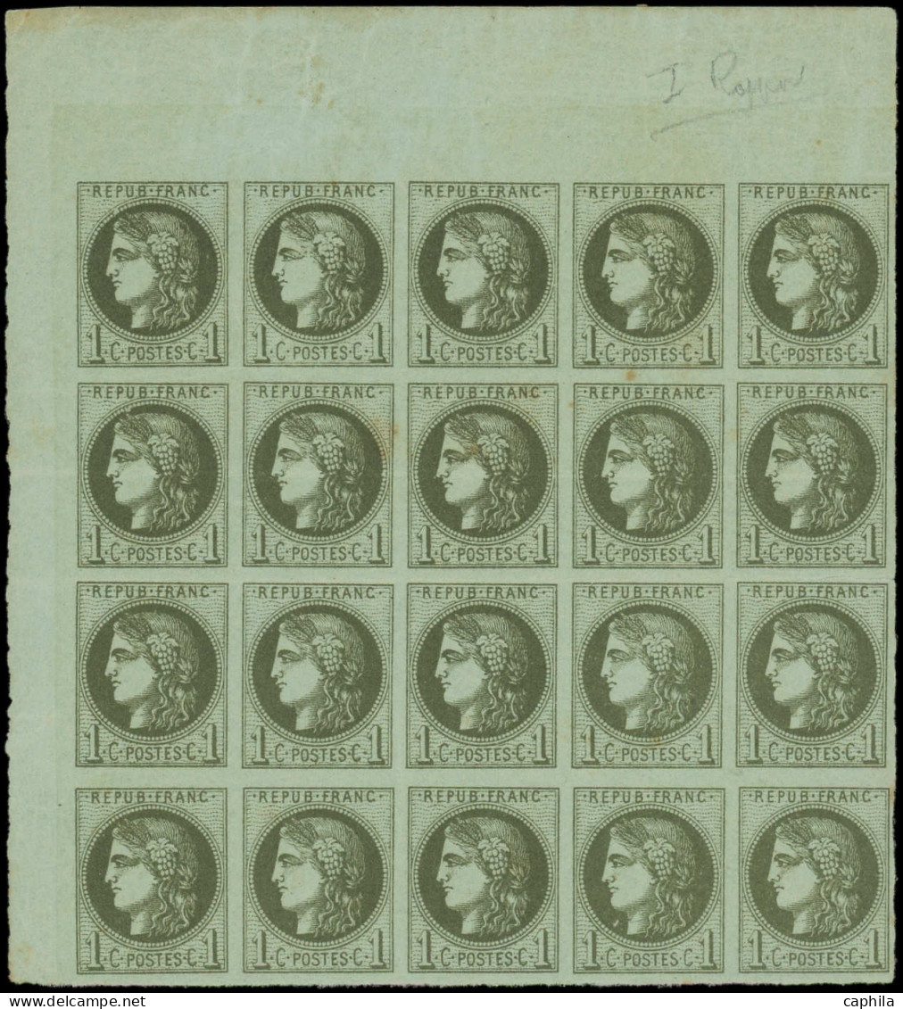 ** FRANCE - Poste - 39A, Report 1, Bloc De 20 Cdf, 5 Ex Plis, Rousseurs: 1c. Olive - 1870 Bordeaux Printing