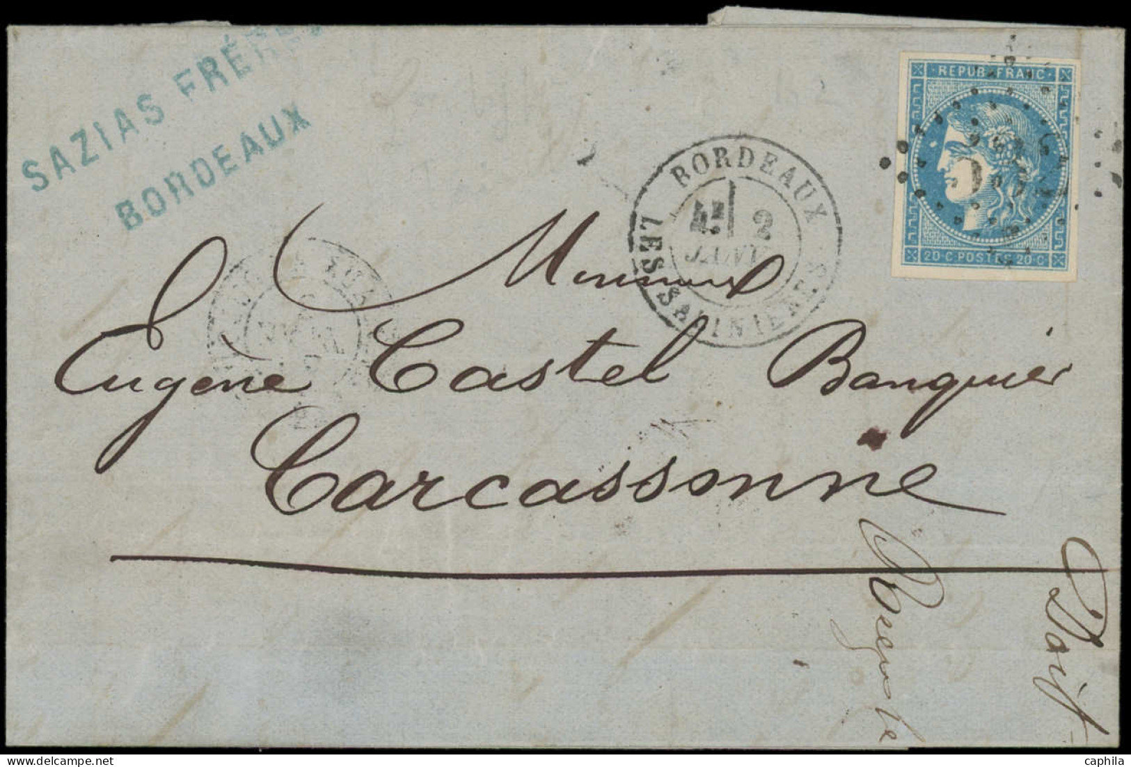 LET FRANCE - Poste - 45B, Type II Report 2, Obl GC 532 Sur Lettre, Cad T17 Bordeaux 2/1/71: 20c. Bleu - 1849-1876: Période Classique