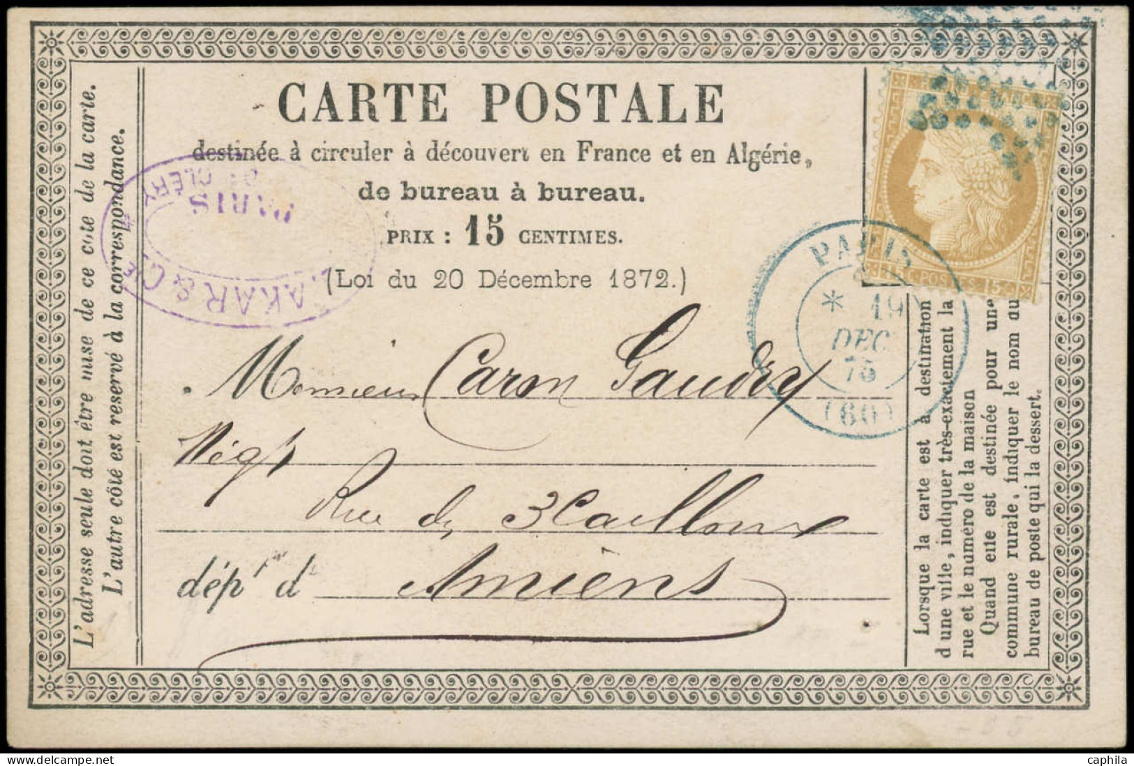 LET FRANCE - Poste - 55, Obl étoile Bleue Et Cad Bleu Paris 19/12/75 Sur Carte Postale: 15c. Bistre - 1849-1876: Période Classique