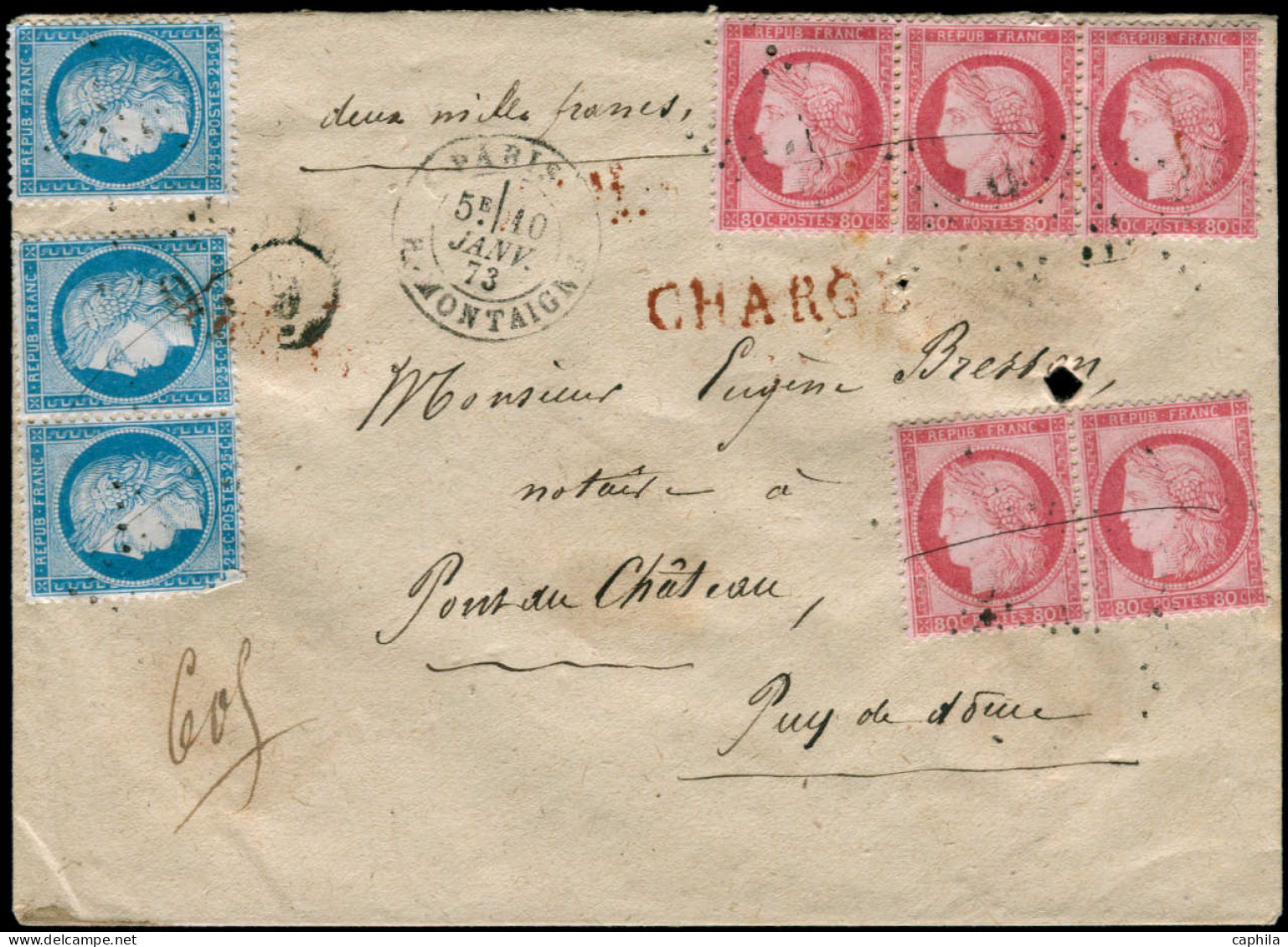 LET FRANCE - Poste - 57, Bande De 3 + Paire + 60 (x3), Lettre Chargée à 4,75f. De Paris Rue Montaigne Pour Pont Du Châte - 1849-1876: Classic Period