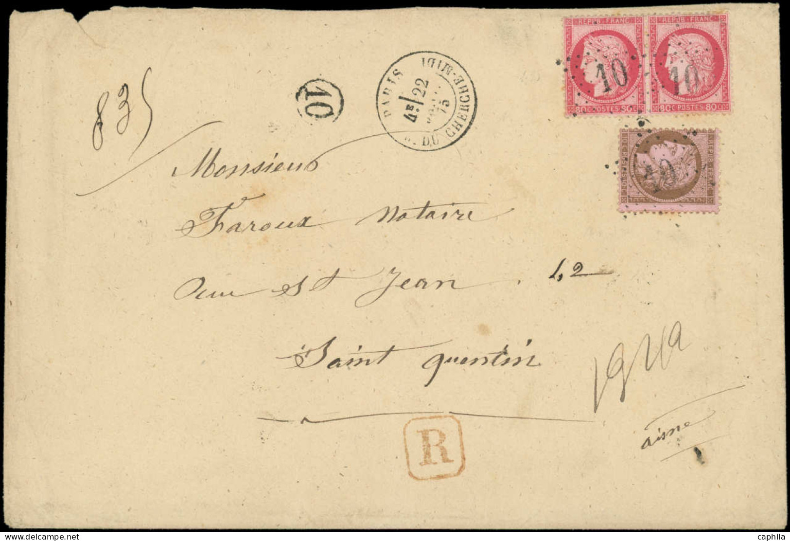 LET FRANCE - Poste - 57 En Paire + 58, Obl étoile 10 Sur Grande Enveloppe Recommandée, Cad Paris Rue Du Cherche Midi 22/ - 1849-1876: Classic Period