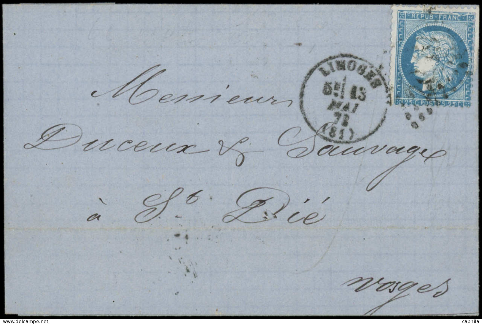 LET FRANCE - Poste - 60A, Type I, Grande Cassure (case 150), Obl GC Sur Lettre, Cad T Limoges 13/5/71: 25c. Bleu - 1849-1876: Classic Period