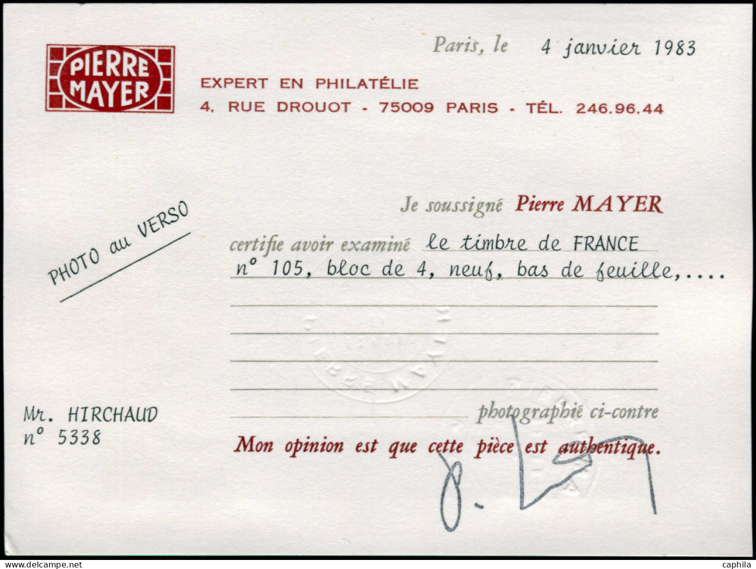 ** FRANCE - Poste - 105, Bloc De 4, Bas De Feuille, Très Bon Centrage, Certificat Mayer: 2f. Bistre S. Azuré - 1898-1900 Sage (Type III)