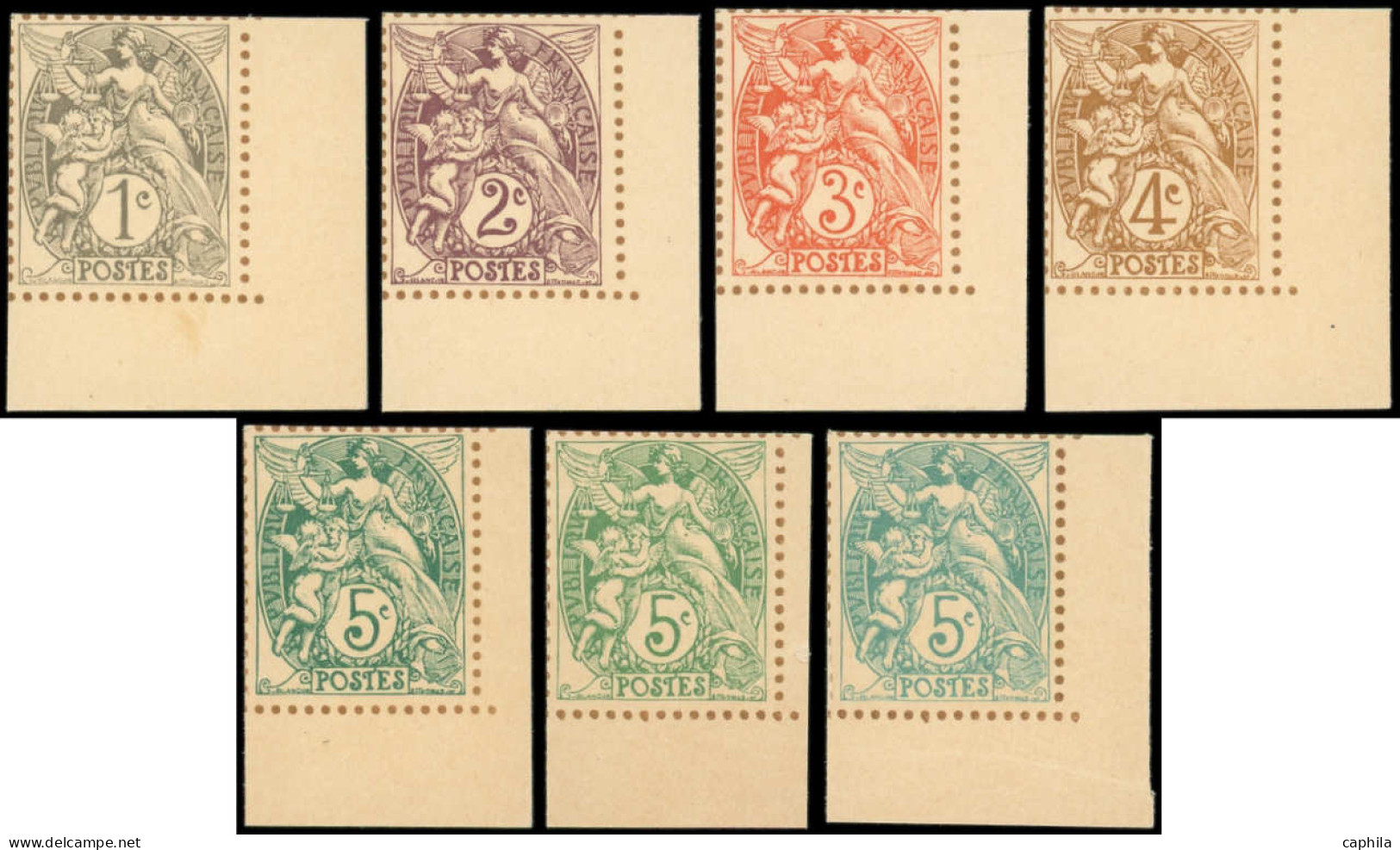 (*) FRANCE - Poste - 107/11 + 111b/c, 7 Valeurs, Tirage Sur Bristol Avec Dentelure Figurée, Cdf: Type Blanc (Spink) - Unused Stamps