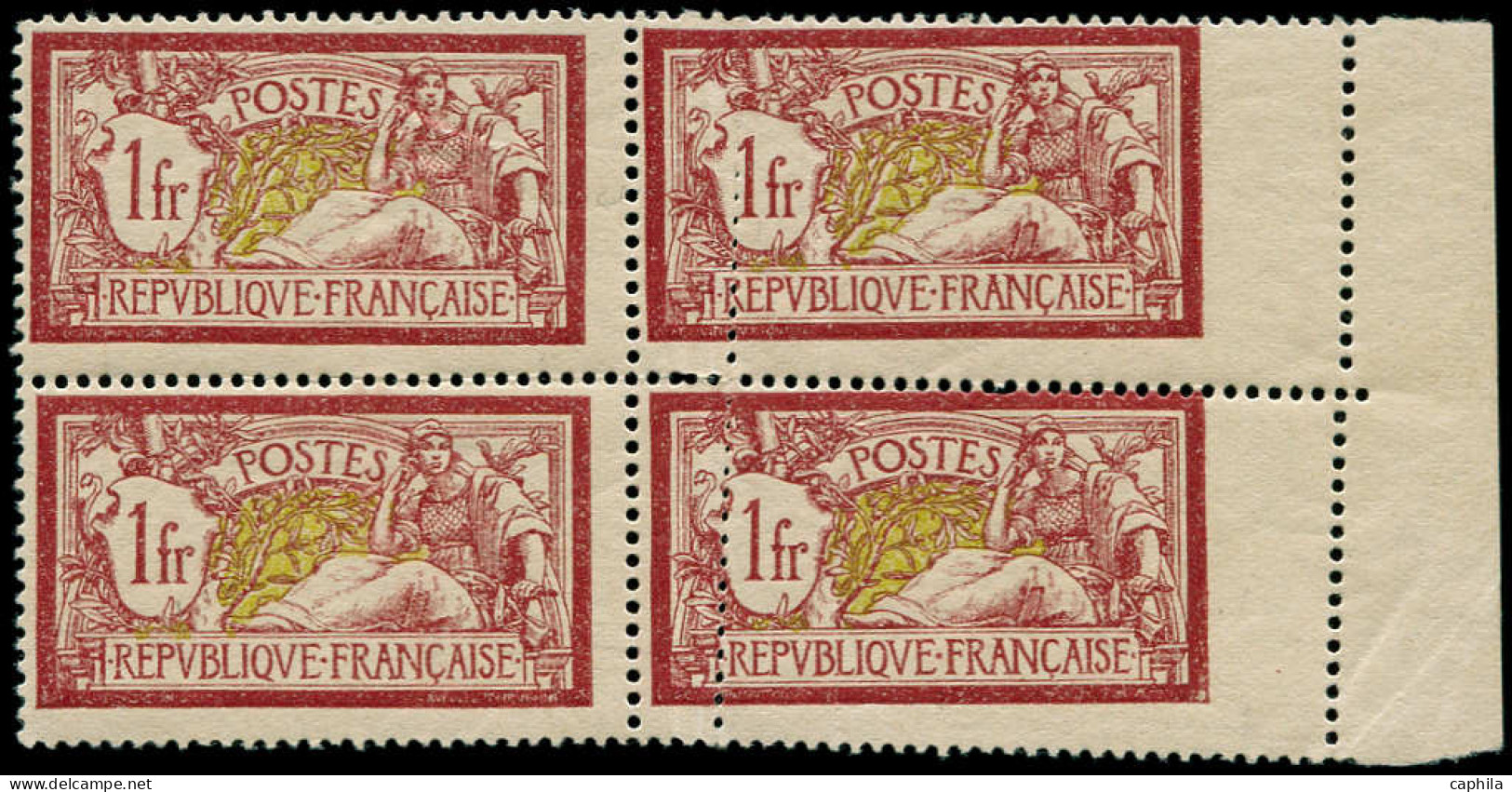 ** FRANCE - Poste - 121, Bloc De 4, Dont 2 Ex. Plus Larges (1cm) + Double Piquage Vertical, (pli De Gomme): 1f. Merson - Unused Stamps