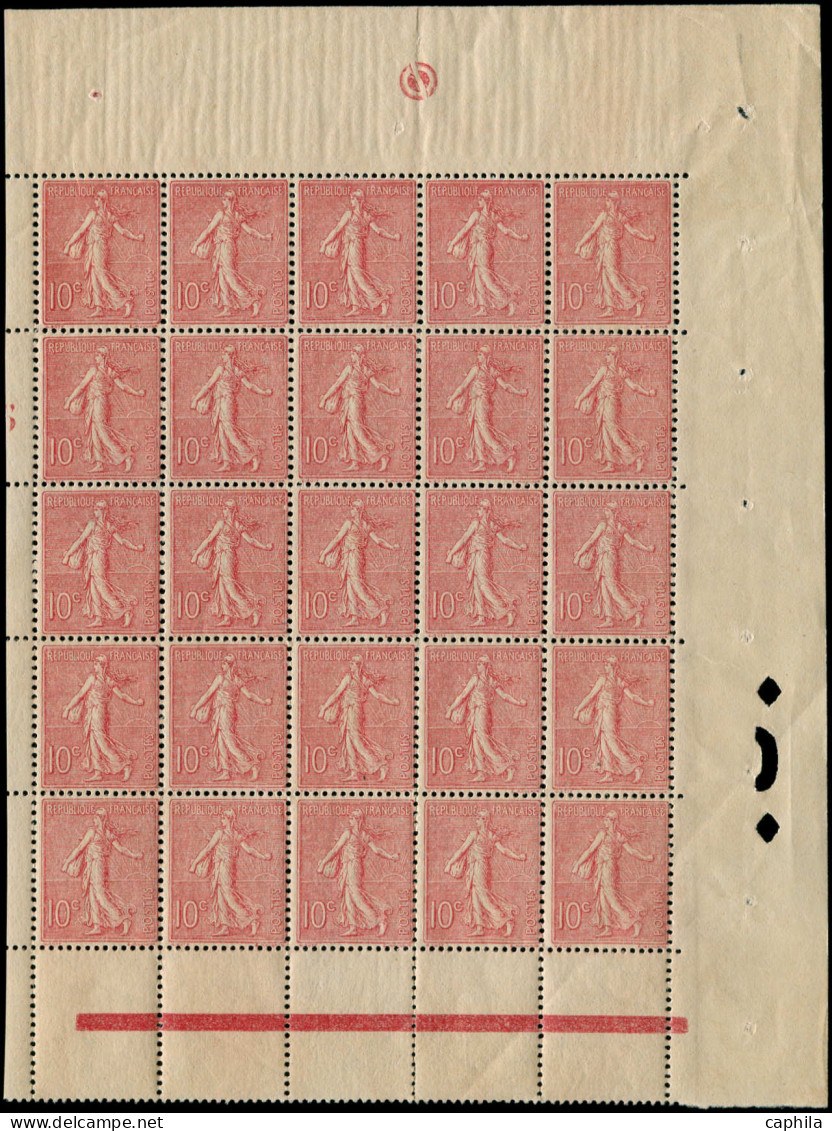** FRANCE - Poste - 129, Joli Bloc De 25 Entouré De Marges (un Ex. Pli): 10c. Semeuse Lignée - Unused Stamps